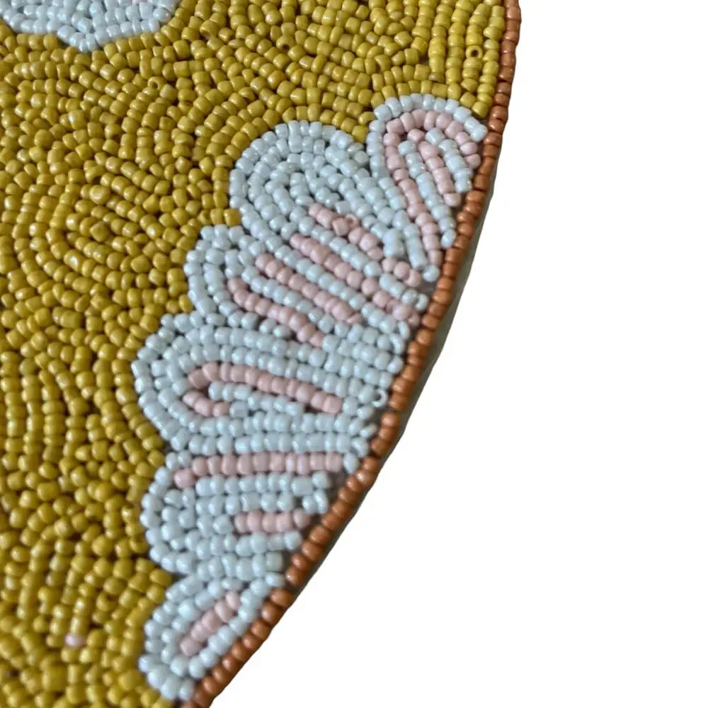 RACHEL ZOE Glass Hand Beaded Charger Placemat Bright Yellow & White Floral NEW